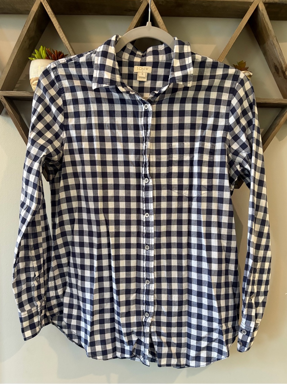 J. Crew Factory Blue & White Gingham lightweight cotton shirt. Size small